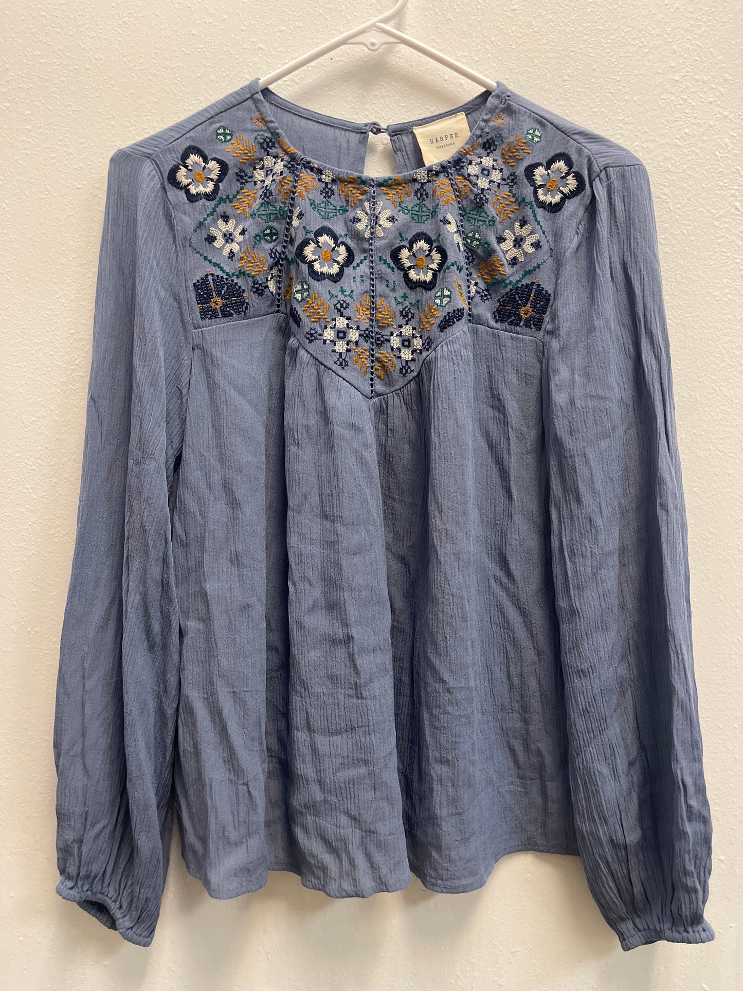 S Blue Embroidered Peasant Top